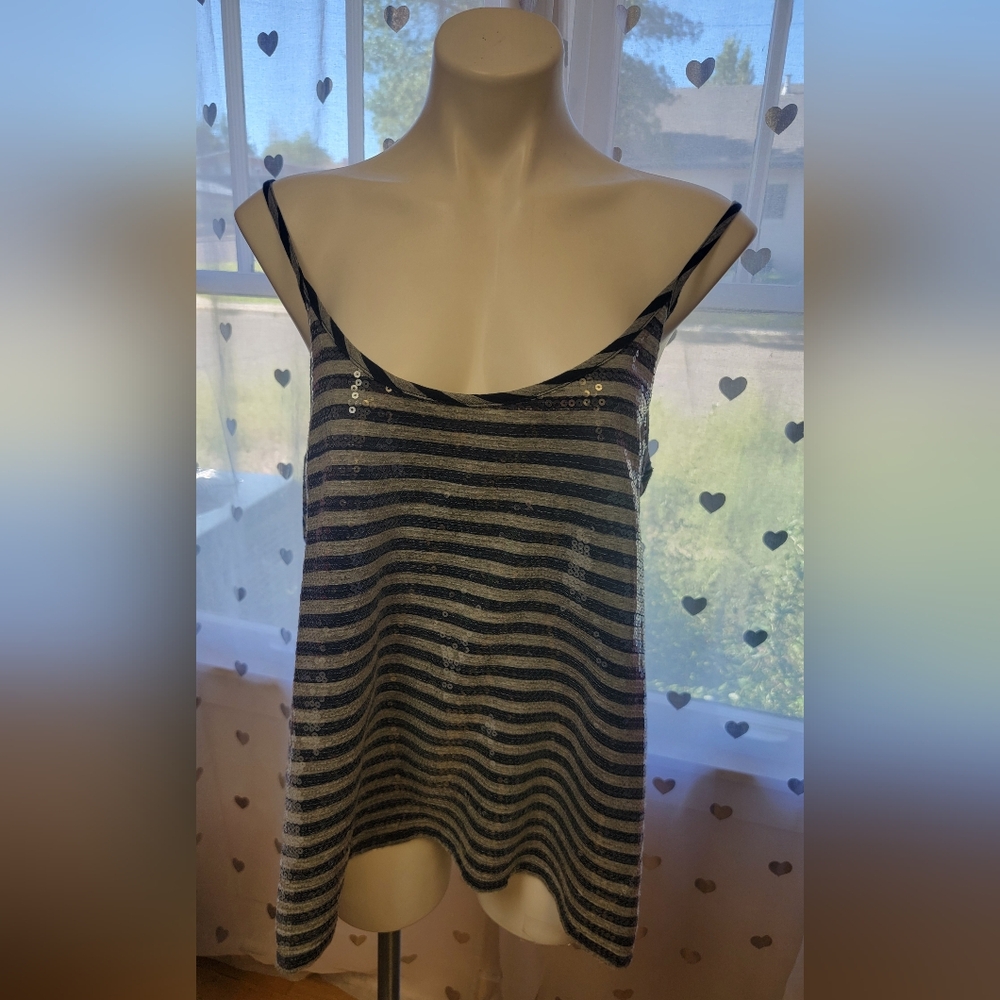#81 DKNY Jeans Black Silver Striped Spaghetti-Strapped Sequined Tank XL